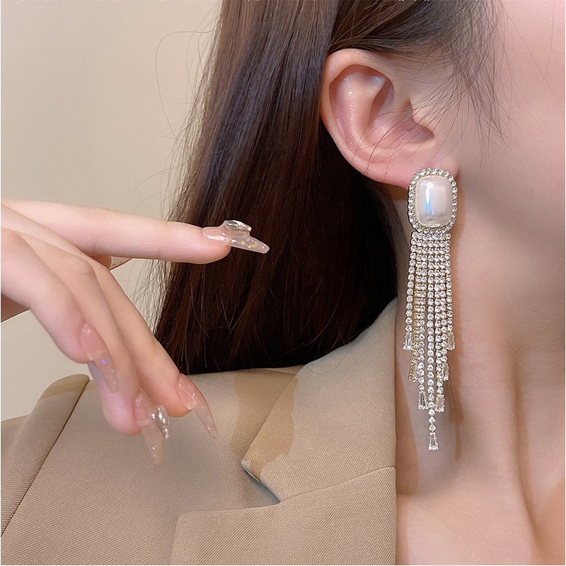 925jarum Perak Jarum Rumbai Panjang Zirkon Penuh Berlian Anting Perempuan Fashion Berlebihan Perhiasan