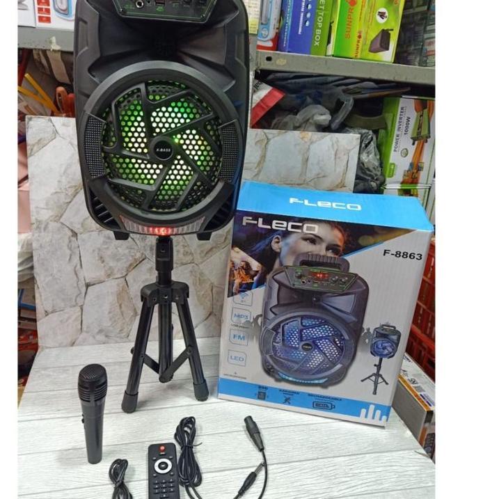 Baru COD SPEAKER BLUETOOTH KARAOKE FLECO 8'5 INCH F-8863 BONUS MIC KARAOKE + STAN SPEAKER X-BASS//SA