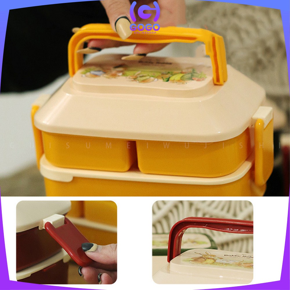 GOGO-C758 Tempat Makan 2 Susun Lunch Box Anti Tumpah / Kotak Makan Siang / Kotak Bekal Set Sendok Garpu