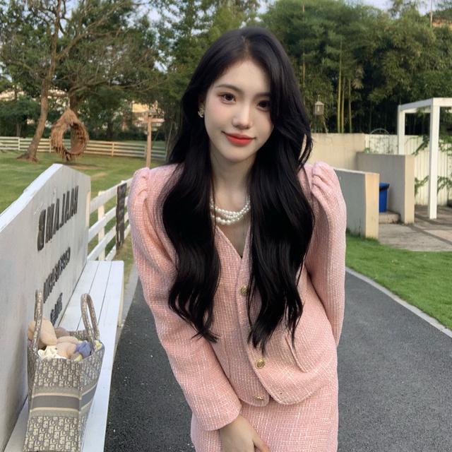 Setelan one-piece Suhao tepat ~ Setelan wewangian kecil merah muda dengan mantel pendek lengan kembung + set dua potong rok pinggang tinggi