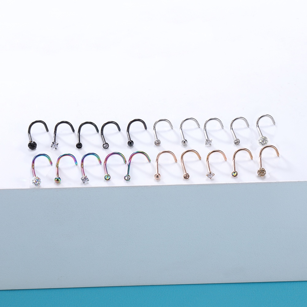 20pcs/lot Nose Stud Set Kristal Tindik Hidung Hidung Tindik Telinga Hidung 316L Stainless Steel Nose Stud Set Hidung Tindik