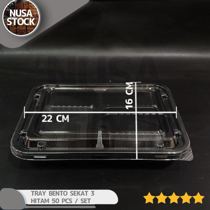 BENTO SEKAT 3 HITAM TRAY KOTAK NASI PLASTIK LUNCH BOX THINWALL 50 PC