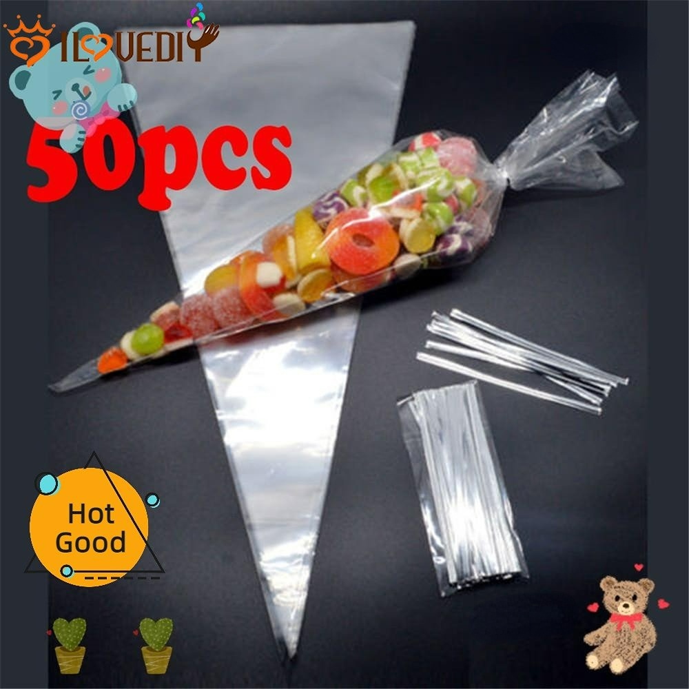 Bening Cellophane Packing Bag 50 Pcs/Lot DIY Candy Bag Pernikahan Paskah Ulang Tahun Pesta Dekorasi Sweet Cellophane Transparan Cone Storage Dengan Kantong Organza