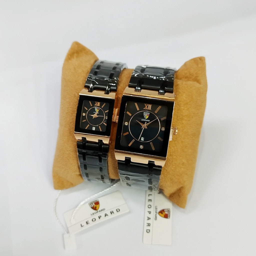 BEST SELLER JAM TANGAN COUPLE LEOPARD X68 TALI RANTAI BODY SEGI DM 2.8CM FREE BOX &amp; BATERAI || JAM TANGAN FASHION COUPLE JAM TANGAN COWOK MURAH