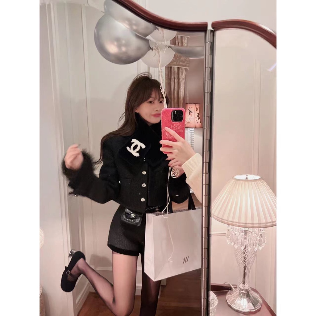 ┅♨Suhao Versi Korea Musim Gugur dan Musim Dingin 2022 Baru Bulu Kerah Pendek Bagian Slim Lengan Panjang Kerah Persegi T-shirt Wanita top In Pasang