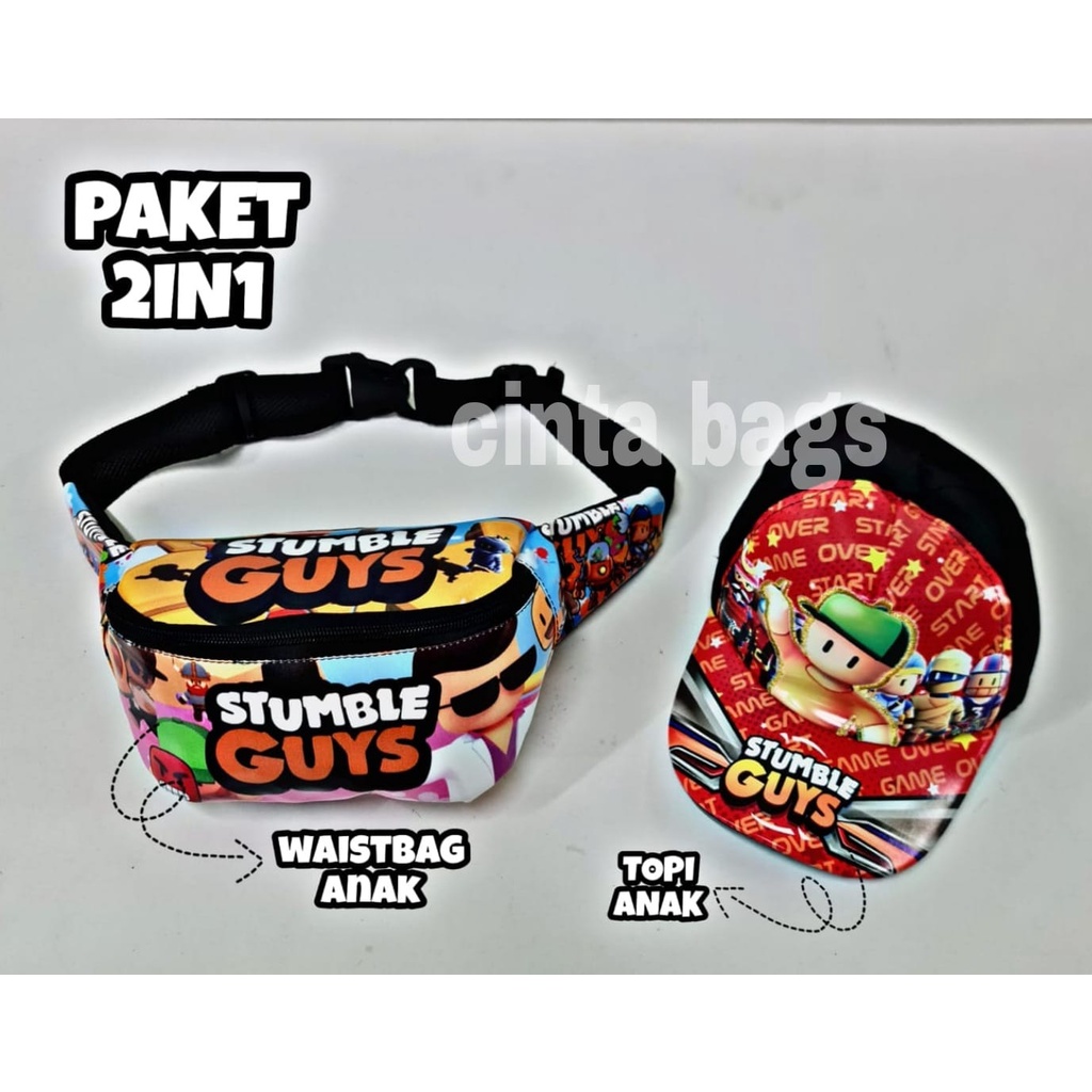 (BISA COD) PAKET 2 IN1 WaistBag Anak Laki Laki Motif Stumble Guys +Topi Anak Karakter