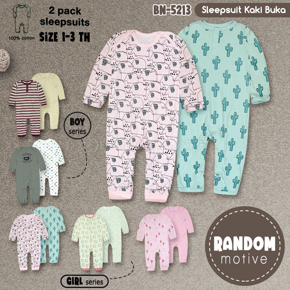 [RANDOM] Sleepsuit Bayi 2 Pcs 100% COTTON kaos jumsuit bayi BN-5213 Jumper Kaki Buka Bayi Laki Laki Perempuan