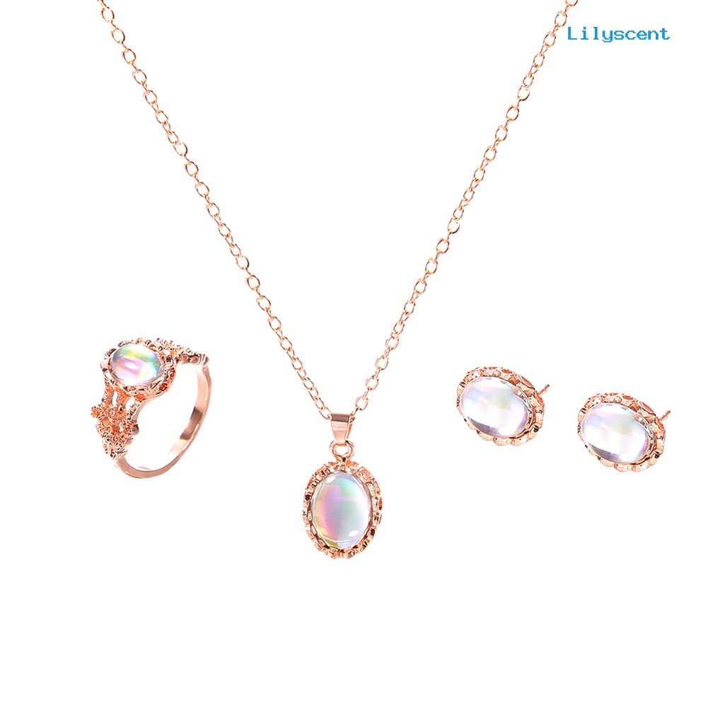 [LS] 3pcs/set Shiny Oval Faux Gemstone Charm Kalung Anting Cincin Wanita Jewelry