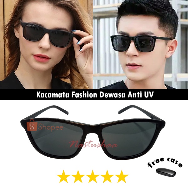 Kacamata Hitam Fashion Gaya Cassual Pria Wanita Kacamata Anti UV Bingkai Kotak Hitam Doff Unisex Sunglasses FREE CASE