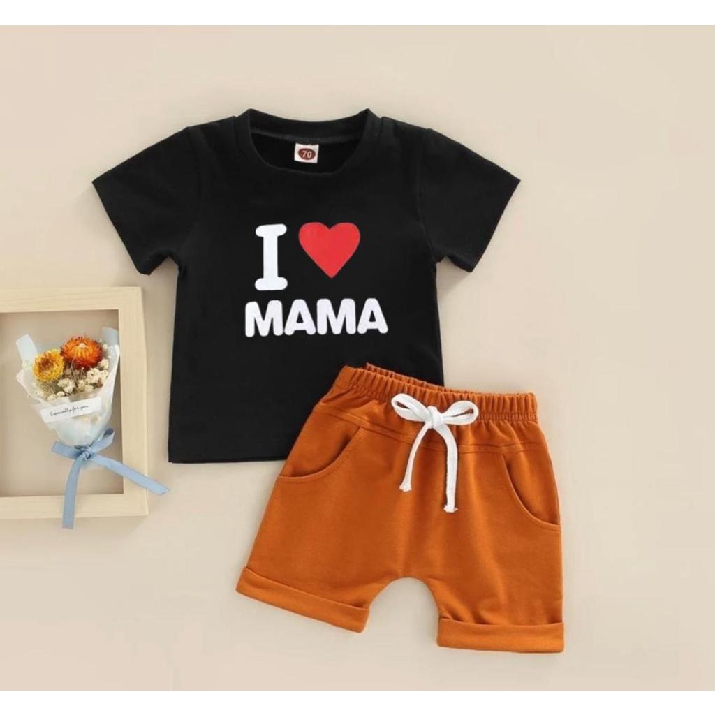 Setelan anak laki-laki dan perempuan bahan katun motif i love mamam papa usia 1 sampai 6 tahun