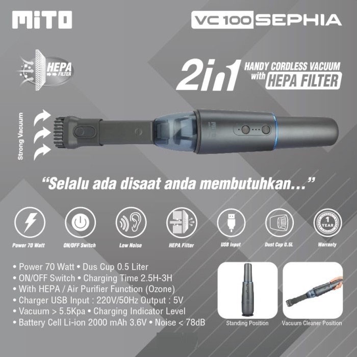 Mito Handy Cordless Vacuum VC100 Sephia + Hepa Filter Pengganti