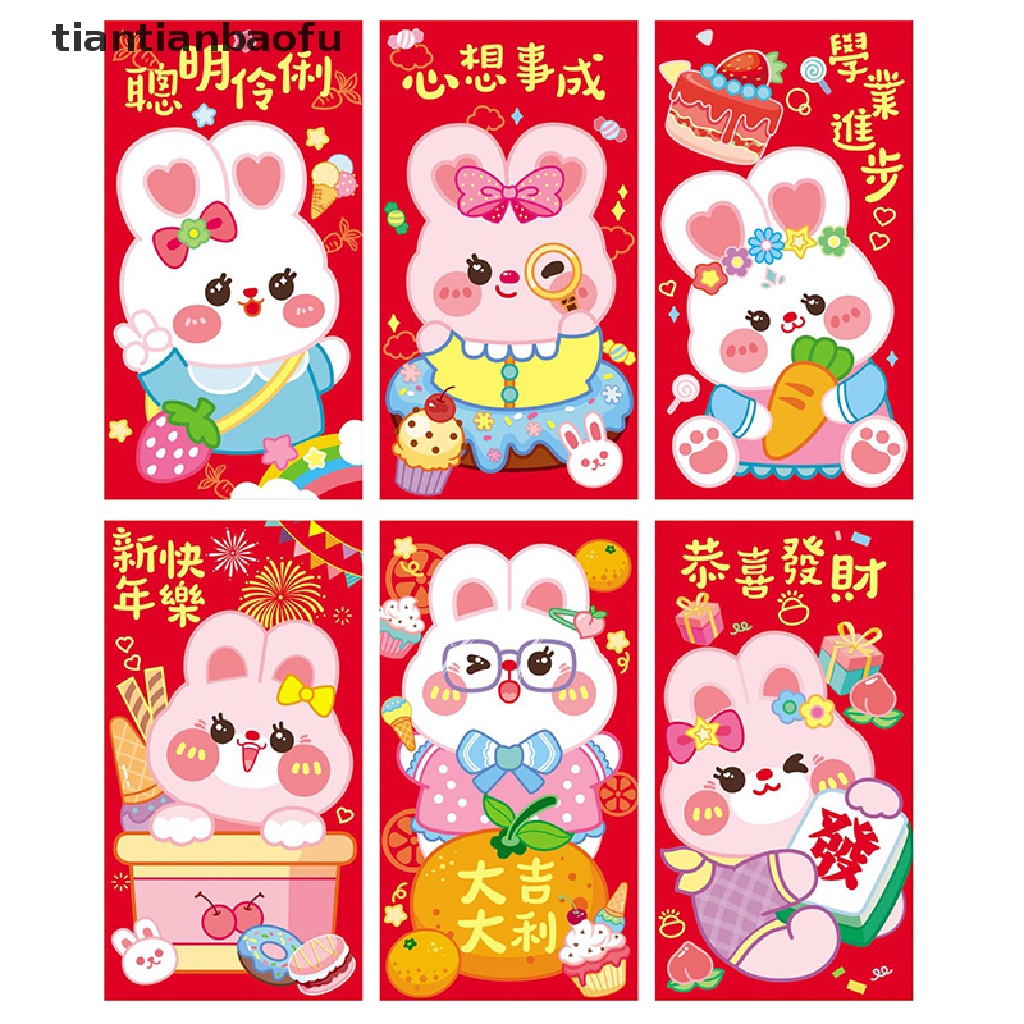 [tiantianbaofu] 6pcs Amplop Merah Imlek 2023 Amplop Uang Tahun Baru Imlek Kelinci Tahun Hong Bao Amplop Paket Merah Untuk Butik Festival Musim Semi