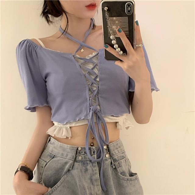 Suhao rasa desain niche one-shoulder T-shirt wanita musim panas slim lengan pendek in pasang pendek pusar one-piece setelan tulang selangka top