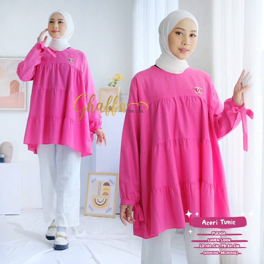 ACERI Tunik Wanita Linen Kekinian Jumbo Ld 120 Baju Atasan Muslim Lengan Panjang Korean Style Fuschi
