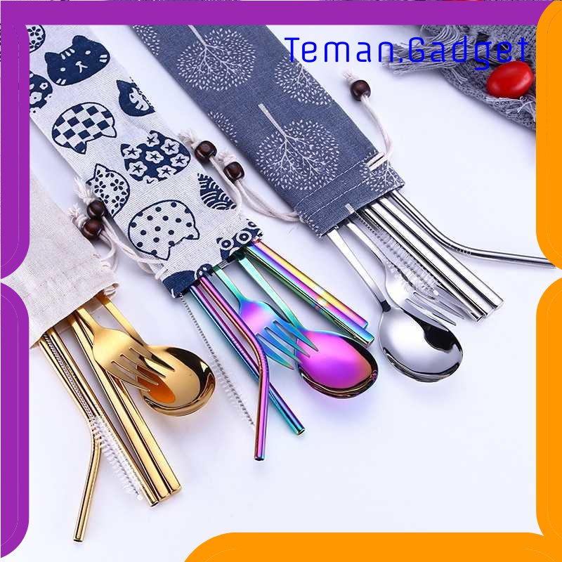 TG - DPR Tofok Cutlery Set Perlengkapan Makan Sendok Garpu Beige Cloth Bag - T1