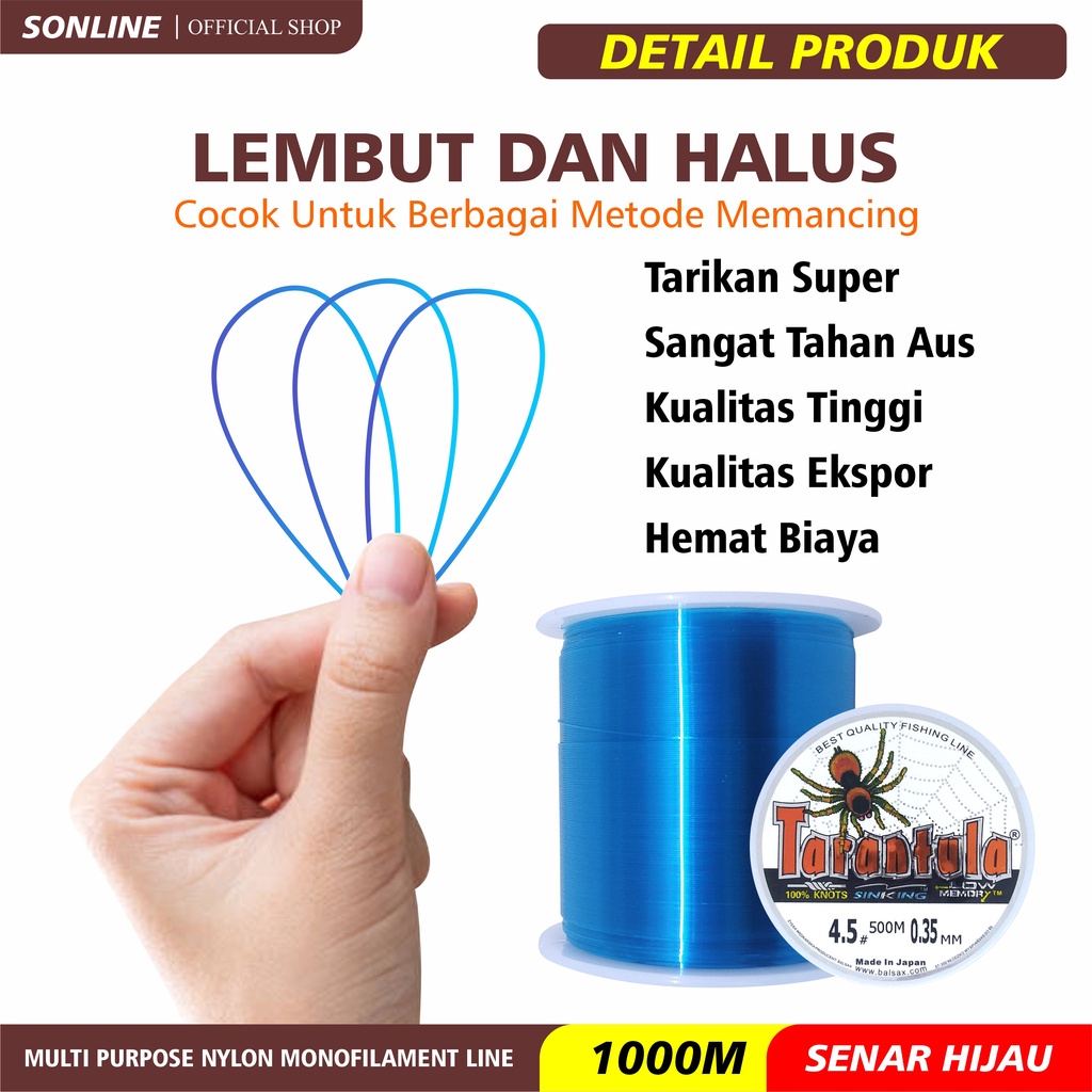 SONLINE Tali Pancing 500m Senar Pancing Tarantula Warna Biru Fishing Line Senar Kuat &amp; Tahan Bahan Nilon Impor