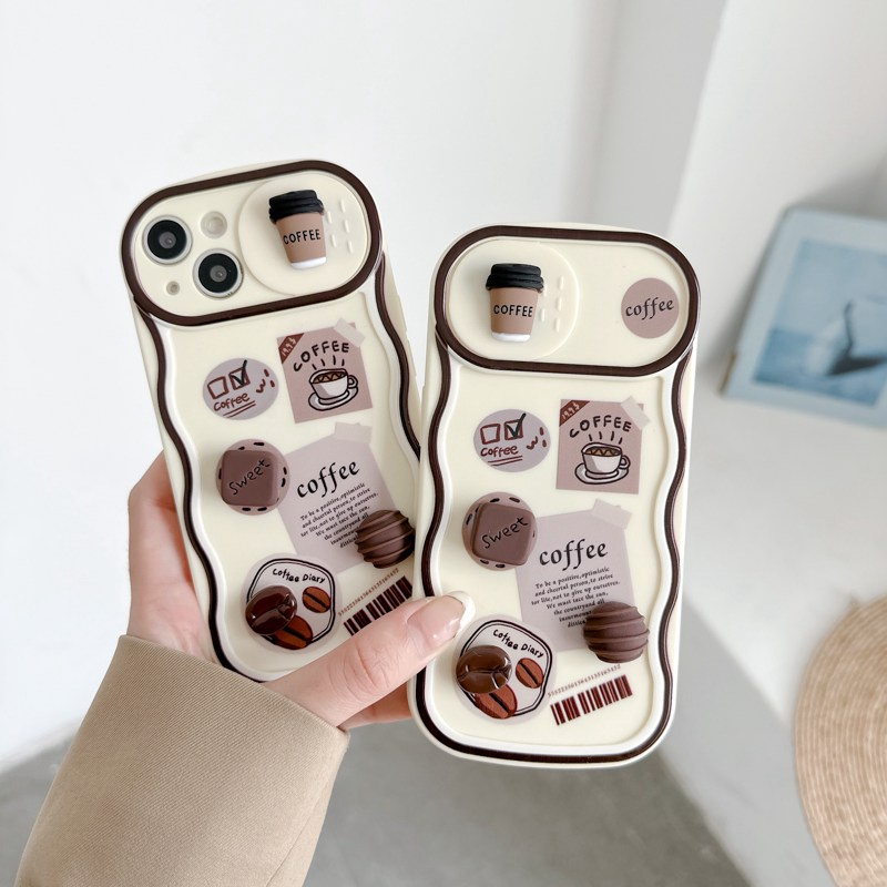 Fashion Coffee Bean Doll Push The Window Cover Soft Case iP iPhone 11 12 13 14 Pro Max + Plus Brown Wavy Casing Apple