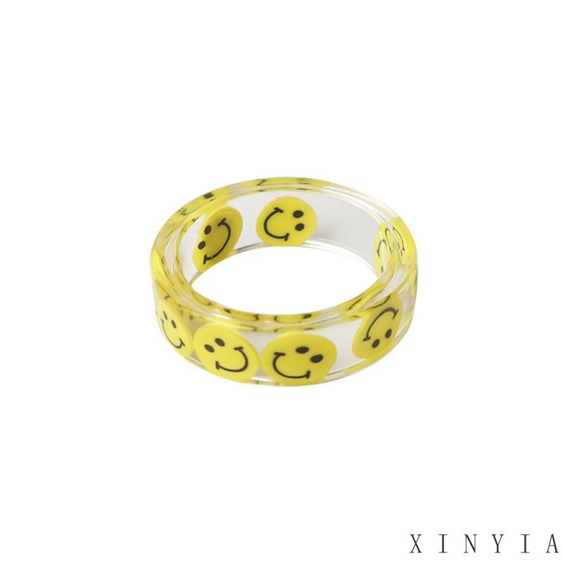 【Bayar di tempat】Resin Tidak Luntur Cincin Wanita Kepribadian Fashion Akrilik Asam Asetat Tembikar Lembut Smiley Ring