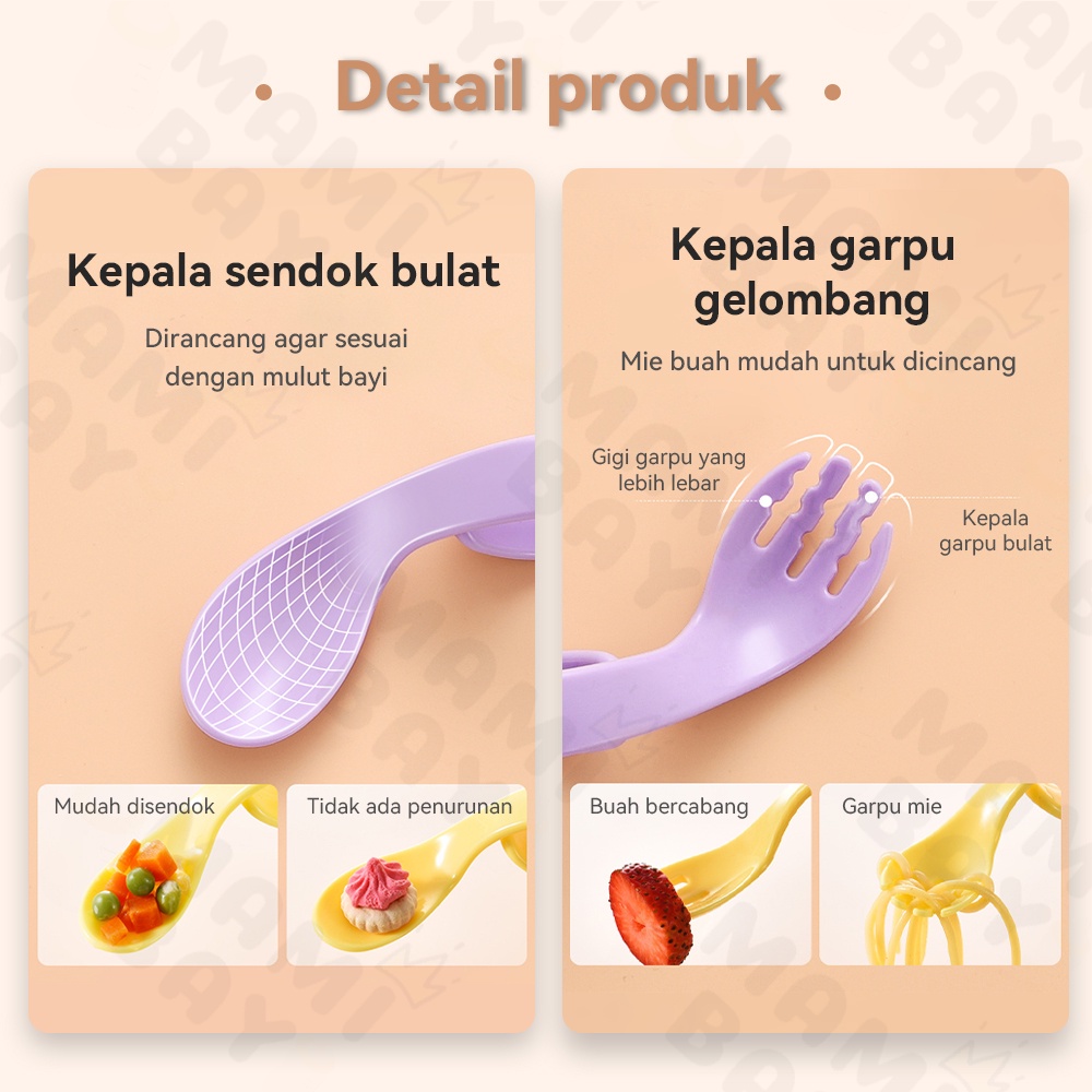 Mamibayi Sendok Garpu Anak Bengkok/Sendok Bayi Belajar Makan Sendiri/Training Spoon Baby