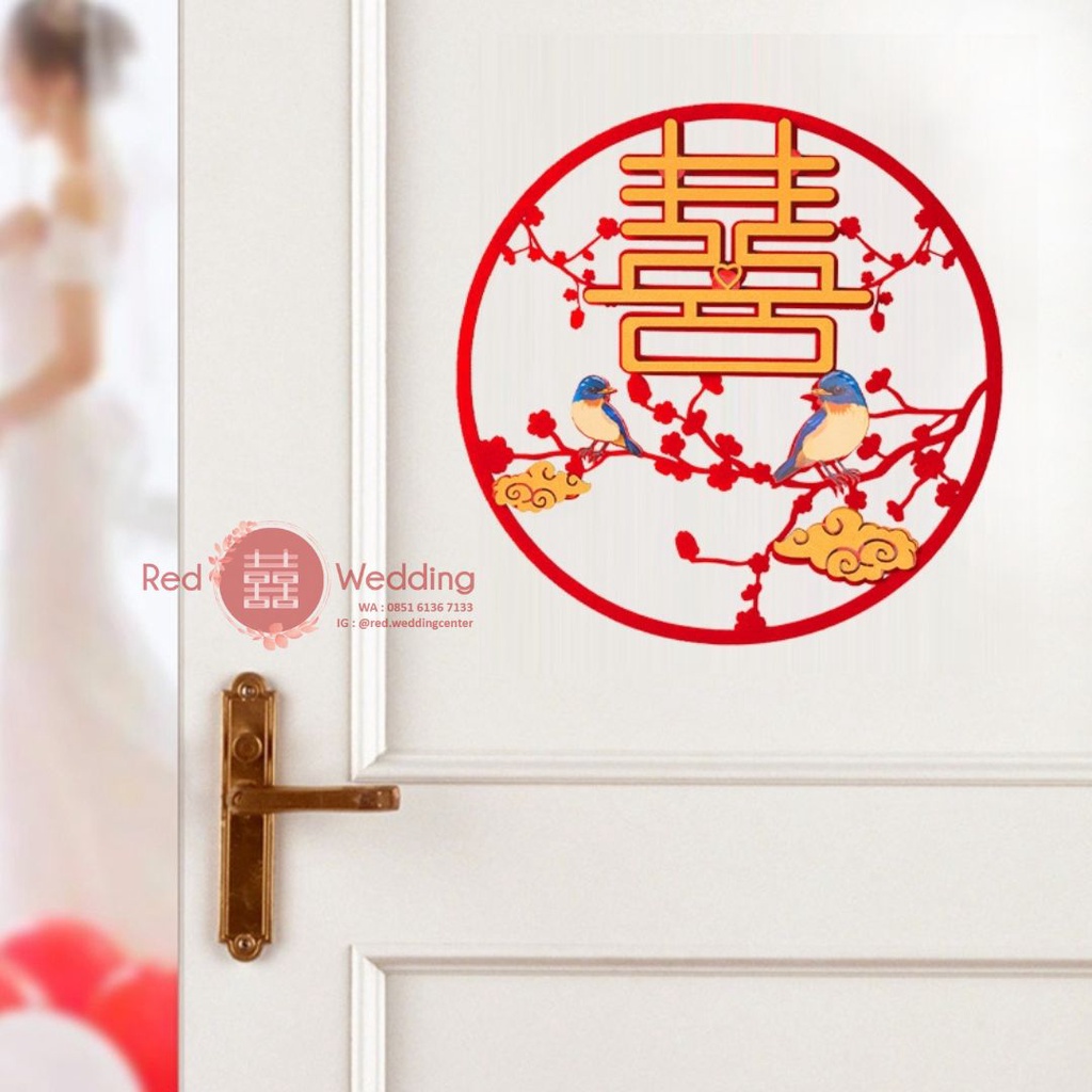 Sticker Xi Wedding Shuang Xi Merah Emas Motif Burung Awan uk. 40cm Tempelan Dinding/Lemari/Pintu