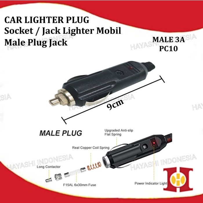 Plug Jack Car Lighter Soket Colokan Mobil Jantan Male LED Fuse 12V 24V