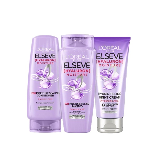 L’Oréal Paris ELSEVE Hyaluron Moisture Shampoo - Conditioner 280 ml - Hydra Filling Night Cream 150 ml (Hyaluronic Acid 72 Jam Mengunci Hidrasi Rambut) | LOREAL - TnT Beauty Shop