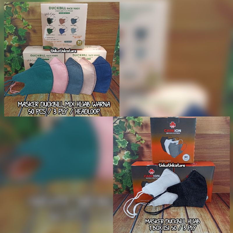 MASKER DUCKBILL HIJAB CAREION HITAM PUTIH, MASKER DUCKBILL HIJAB YNB MIX WARNA 3 PLY HEADLOOP 50 PCS