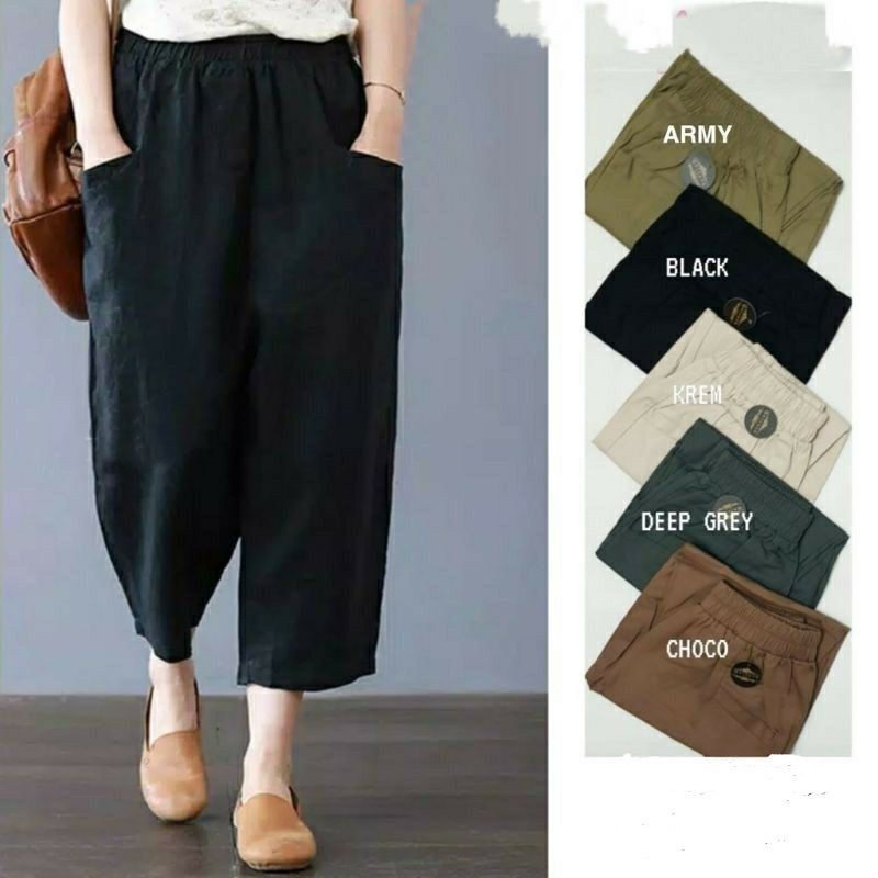 BAGGY PANTS AMERICAN DRILL/CELANA KANTOR/CELANA KOREAN/CELANA KULOT LINEN RAMI HIGHEWAIST PINGGANG KARET JUMBO