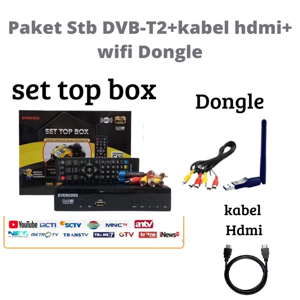 Trend-Paket Set Top Box Evercoss DVBT2 + Kabel Hdmi + Wifi Dongle Digital Full HD Receiver Digital Youtube -Siaran Tv Digital