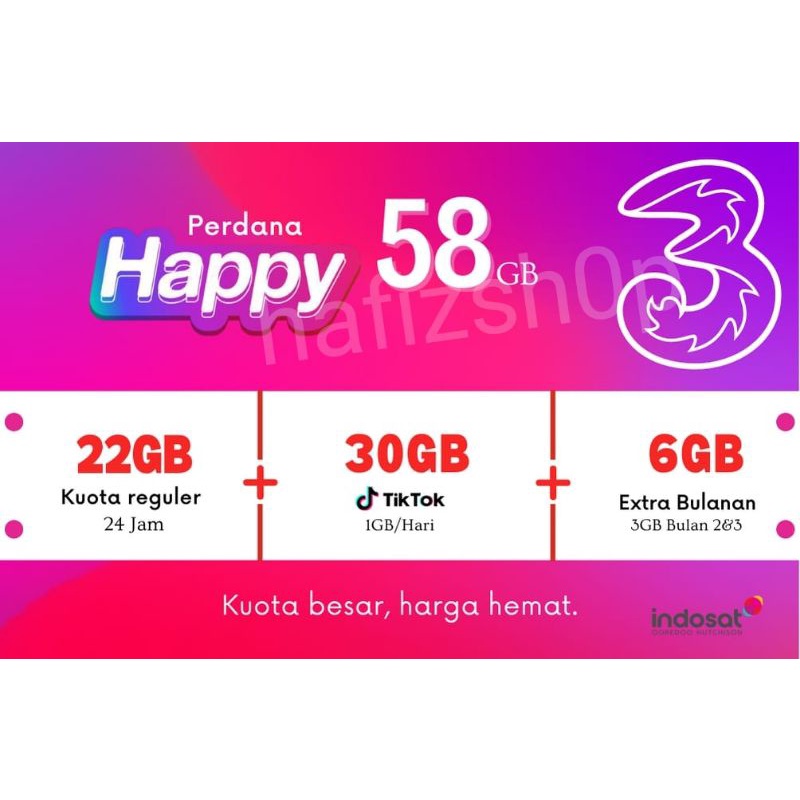 Perdana Tri 58gb unlimited  tiktok 30hari, Gratis SP aon 2gb