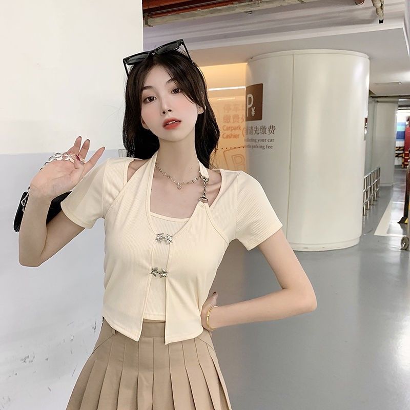 ♤♚Suhao Xiachun Yufeng Palsu Dua Potong Halter Leher Slim T-shirt Desain Irregular Pendek Chic Atasan Sedikit Gemuk MM