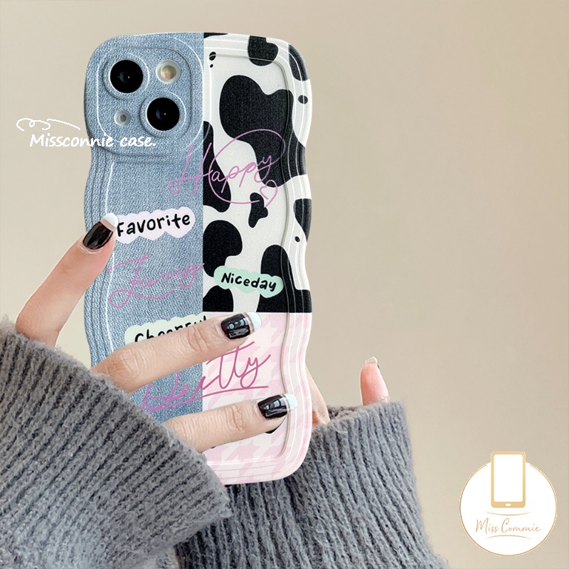 IPHONE Case Kompatibel Untuk Iphone6 6s 87 Plus XR 11 Pro Max14 13 12 Pro Max 14Plus X XS Max SE 2020 Wavy Edge Cute Denim Patch Happy Leopard Print Bening Lembut TPU Pasangan Ponsel Case