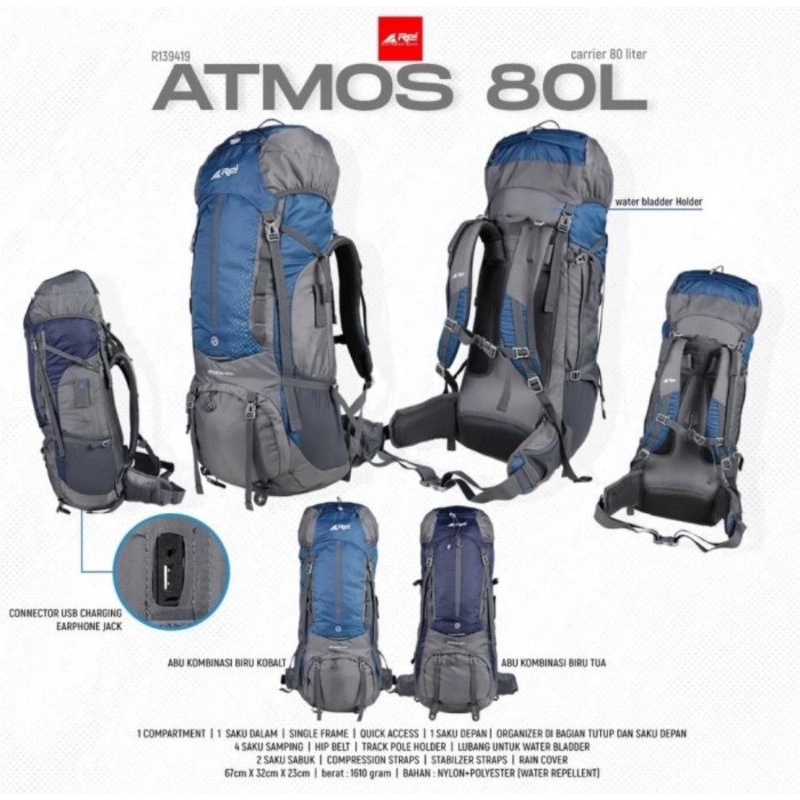 Tas Carrier Rei Atmos 80L+Raincover Original