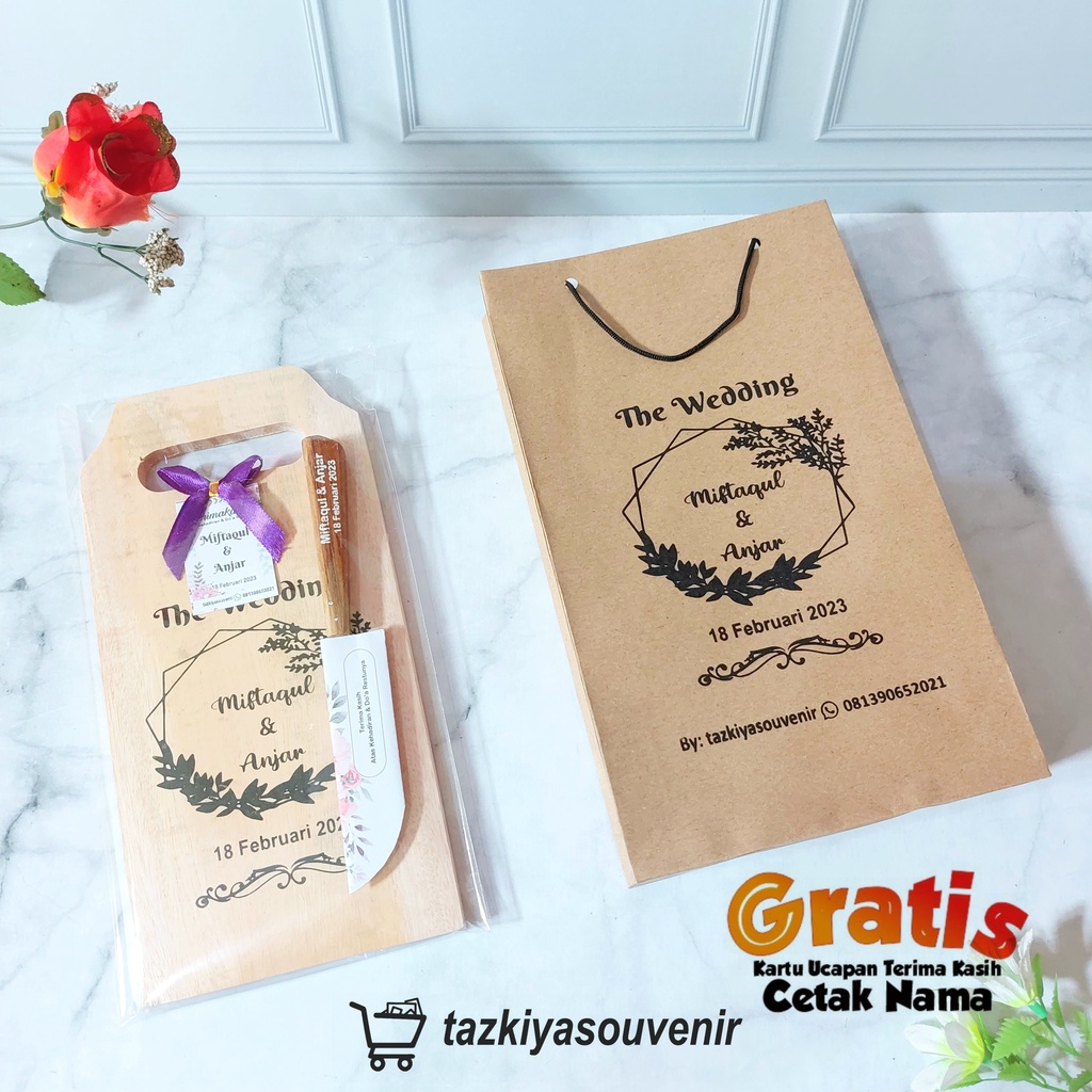 Souvenir Pernikahan Talenan Kayu Dan Pisau Ukuran Besar 12x24