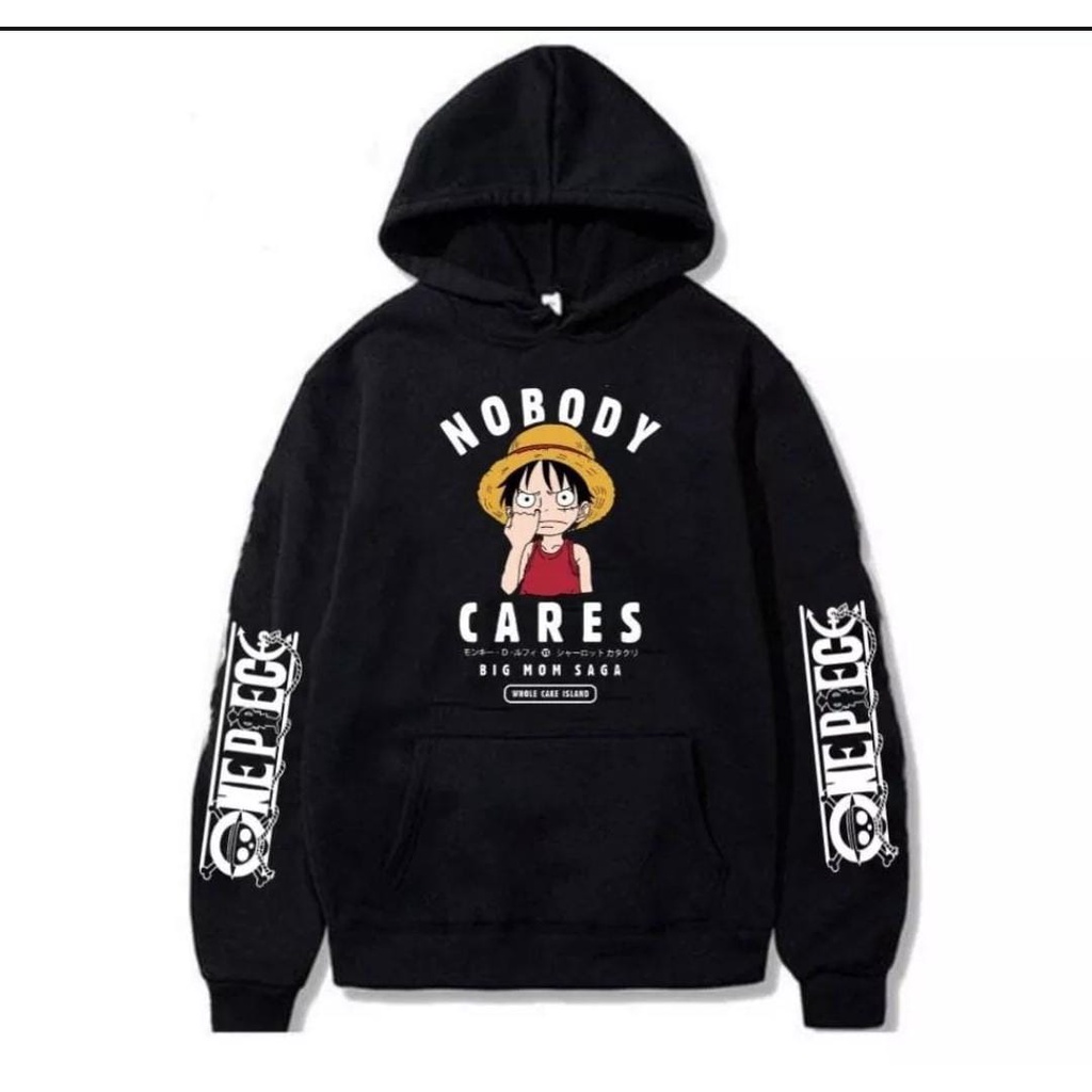 Jaket Sweater Hoodie Anak One Piece Monkey D Luffy NOBODY CARES Hitam Premium