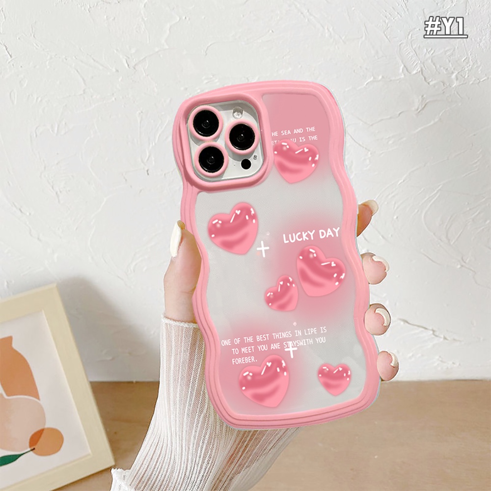 IPHONE Case Fashion Cocok Untuk Iphone11 14 12 13 Pro MAX iPhone7 8plus 6s Plus XR 14Plus XS MAX SE 2020 Cases Fashion Pink Love Hati Bunga Tulip Wavy Edge TPU Soft Phone Cover BY