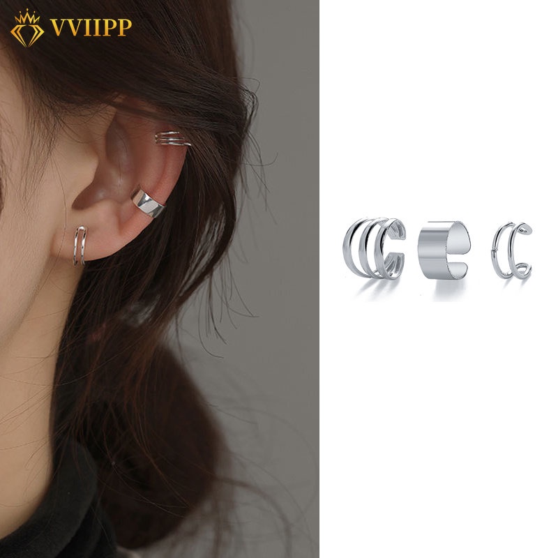 3pcs/set Anting Klip Silver Simple Set Untuk Aksesoris Perhiasan Wanita