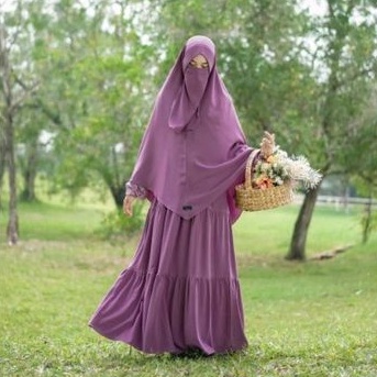(Sisa Plum S) Gamis Bella Set by Mumtaz Hijab | Gamis Set Jilbab Motif Bunga Rayon