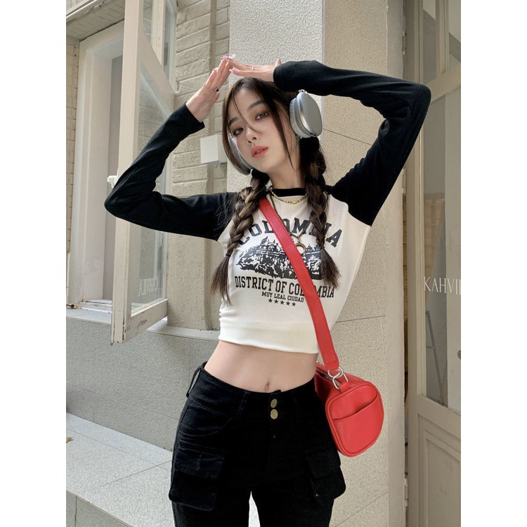 ☂❇℗Suhao American Retro Lengan Panjang T-shirt Wanita 2022 Musim Gugur Baru Rasa Desain Dicetak Pendek Top Pakaian Bawah Kemeja Ins