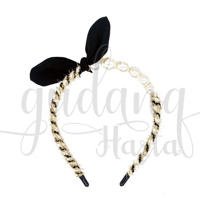 Bando Classic Black Pearl Ribbon Bandana Motif Pita Muttiara Simple Headband Anggun GH 211012