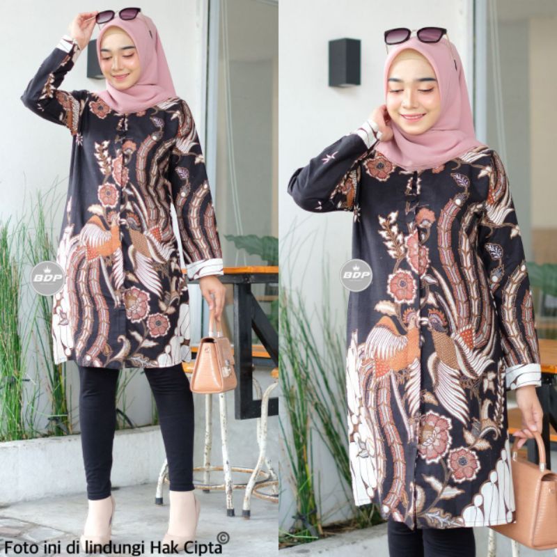 ATASAN TUNIK BATIK CEWEK MOTIF BURUNG WARNA HITAM KOMBINASI JUMBO BIG SIZE M L XL XXL SERAGAM BATIK 