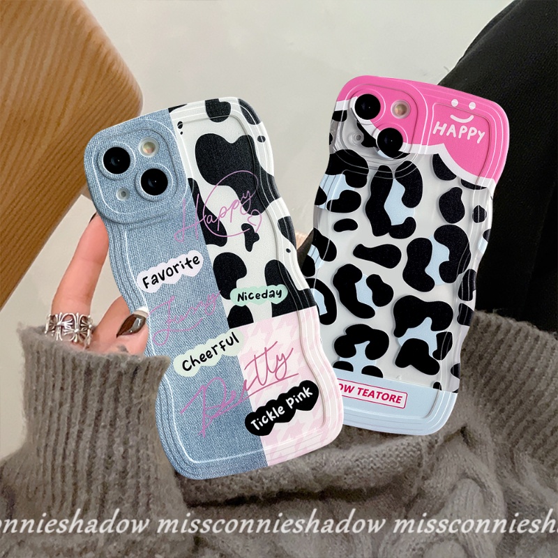 Realme 10 C15 C12 C33 C35 9i 8i 9 9Pro+5i 57i 7 6i C11 8 8Pro C30 C25 C25Y C17 C21Y C25s C20 C20A C3 Couple Lucu Denim Patch Happy Leopard Print Bening Lembut Bergelombang Pinggir Case