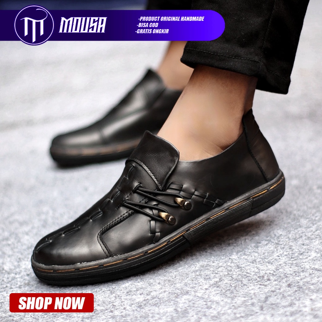 Sepatu  pria Slip On Casual Kulit Asli Kerja Kuliah Kondangan Hitam Mousa Aligator