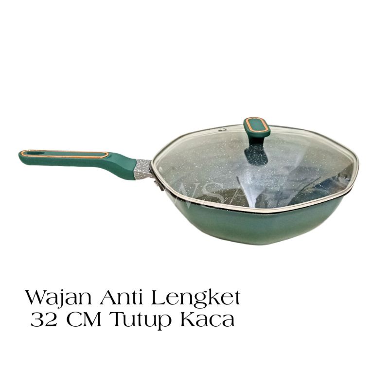 Calypso Wok Pan Anti Lengket Lapisan Granite Tutup Kaca Ukuran 32 Cm.