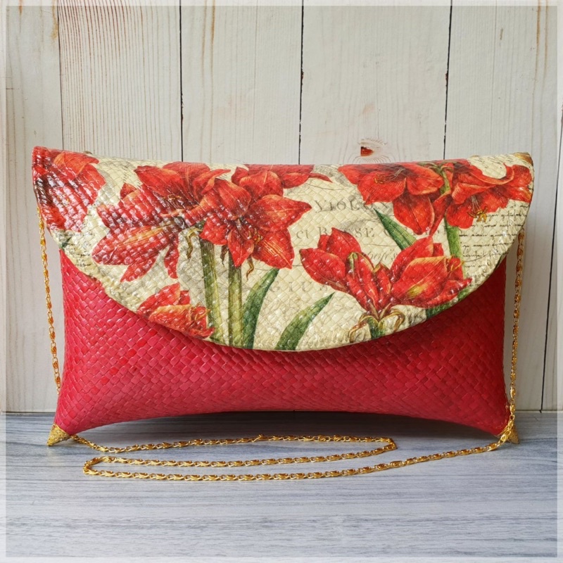 Clutch Decoupage Red Flower - Tas Decoupage
