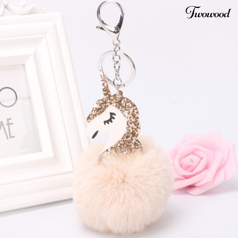 Twowood Lucu Shiny Sequin Unicorn Keychain Faux Fur Ball Keyring Bag Gantung Liontin