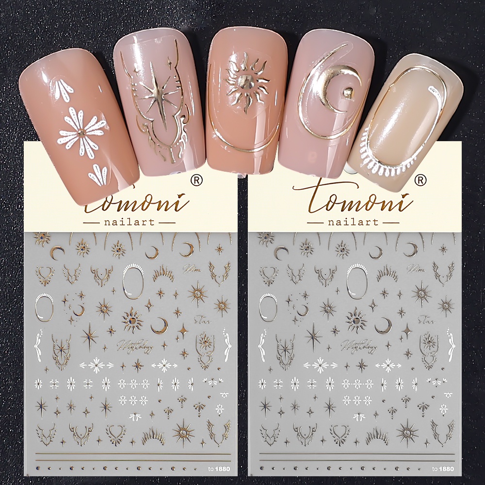 1pcs Kualitas Tinggi Perekat Stiker Kuku Baru 3D Emas Matahari Bulan Bintang Stiker Kuku Nail Art Dekorasi Nail Decals Design Untuk Wanita