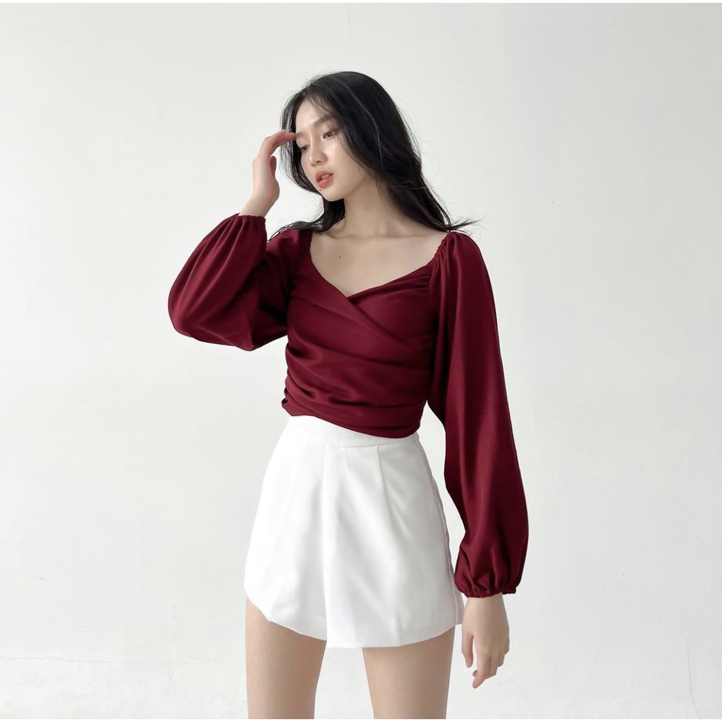 ELEANOR LONGSLEEVE TOP BLOUSE WANITA PREMIUM KOREA - KEMEJA PESTA - KEMEJA KANTOR WANITA - TOP BASIC MEWAH V-NECK - ATASAN UNTUK KONDANGAN - TOP SEXY WARNA PASTEL - ATASAN MUSLIM - THR LEBARAN - HADIAH / KADO ULTAH UNTUK CEWEK