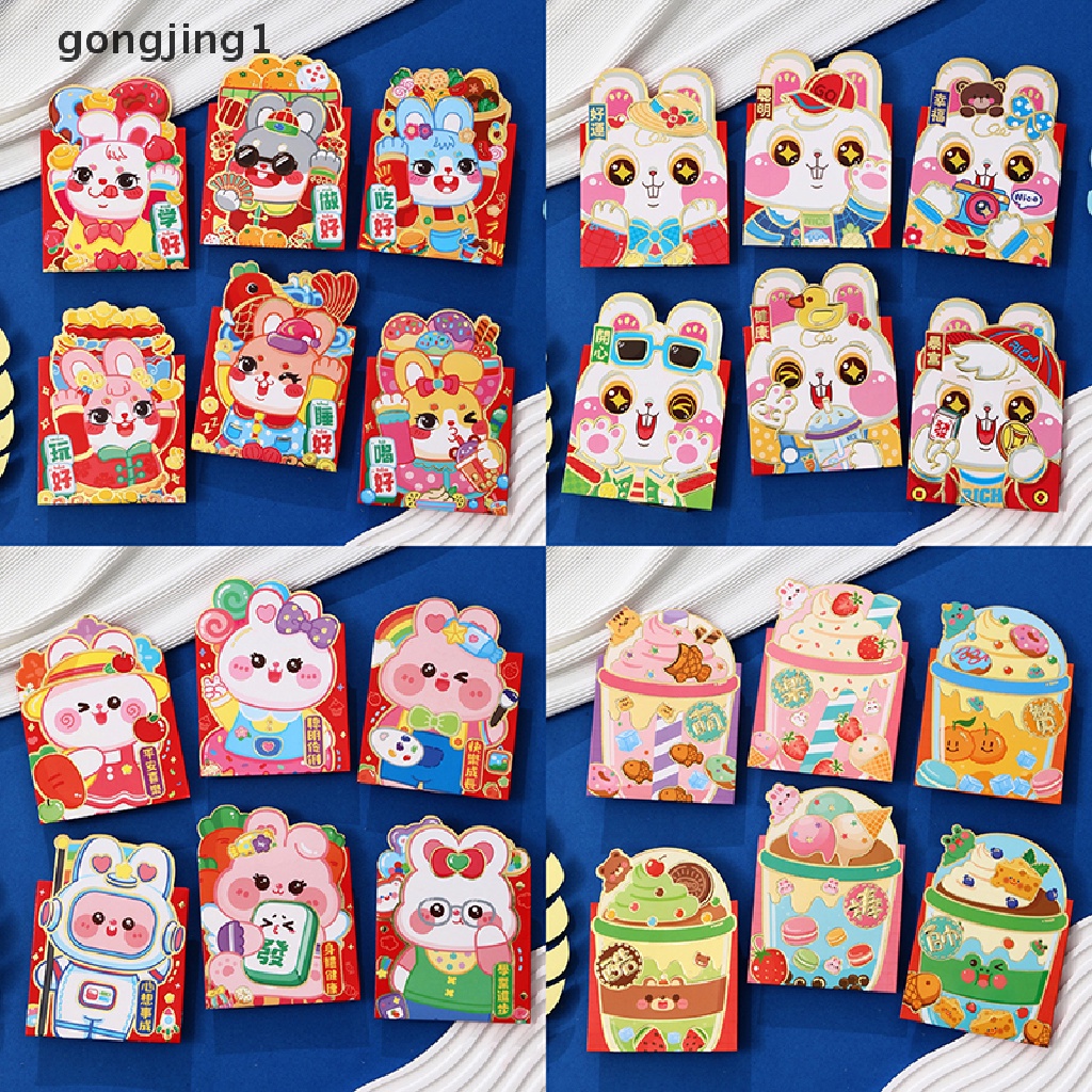Ggg 6pcs 2023tahun Kelinci Amplop Merah Imlek Uang Keberuntungan Kantong Pola Kartun Festival Musim Semi Pernikahan Merah Hadiah Amplop ID