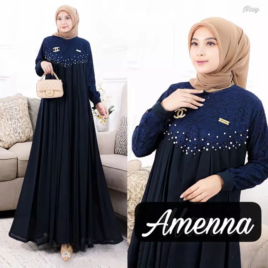 Baju Gamis Ceruty Brukat Aplikasi Mutiara Terbaru Amenna Dress Muslim Kekinian Gamis Kondangan Dress Brukat Fashion Muslimah Out fit